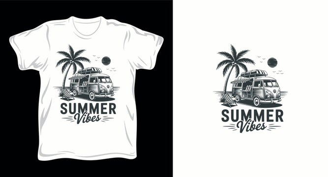 Summer vibes vintage van t-shirt design with palm trees and beach scenery for outdoor enthusiasts.