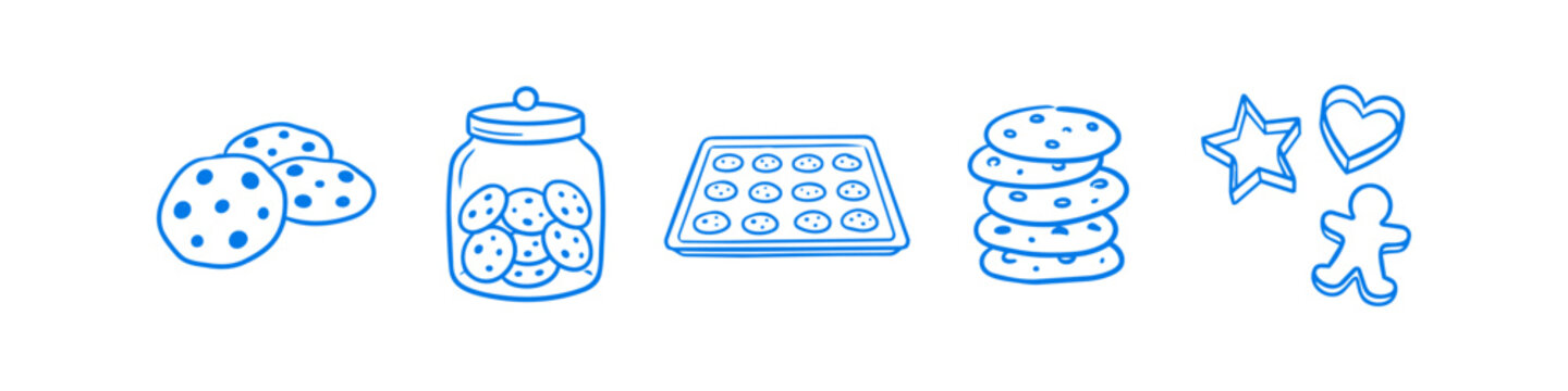 Hand-drawn blue line art icon set featuring chocolate chip cookies, a cookie jar, a baking tray, a stack of biscuits, and festive cookie cutters. Minimalist food and baking concept.