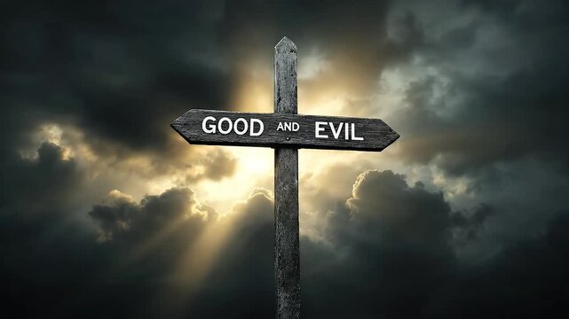 A wooden signpost points in two directions: Good and Evil.