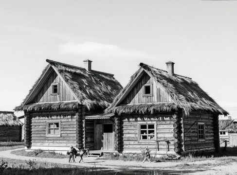 Two old wooden log houses with thatched roofs stand side by side. People walk near the rustic rural homes. One person leads a horse in front of the buildings. A simple village scene.