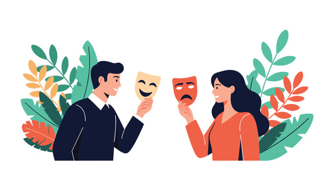 Man and woman holding traditional comedy and tragedy theater masks in front of their faces with plants in background.