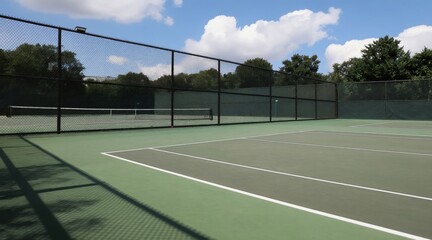 Fototapeta premium Outdoor tennis court with green surface and black fence under a blue sky with clouds. No players are present on the empty sports ground. Trees and park surroundings visible.