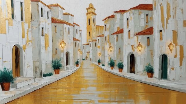 Sunlit mediterranean street with white houses and reflections on wet pavement perspective view empty alley travel painting style concept of peaceful town atmosphere