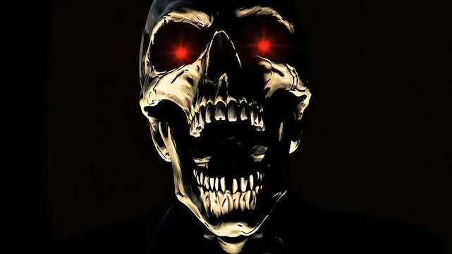 A metallic skull with glowing red eyes on a black background.