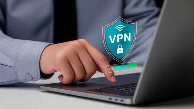 Hand activating V P N on smartphone screen with laptop background finger