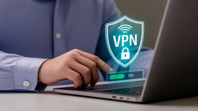 Hand activating V P N service on laptop screen for secure internet connection finger
