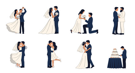 Fototapeta premium Collection of diverse wedding couples in various romantic poses including dancing, proposing, kissing, and cake cutting.