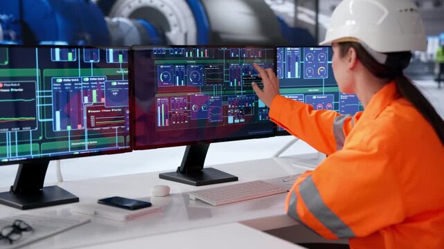 Engineer Carefully Monitors Multiple Screens Controlling Power Plant
