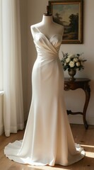 Fototapeta premium Elegant satin wedding dress displayed on mannequin near window. Natural light illuminates flowing train and sweetheart neckline. Flowers sit on ornate table nearby.
