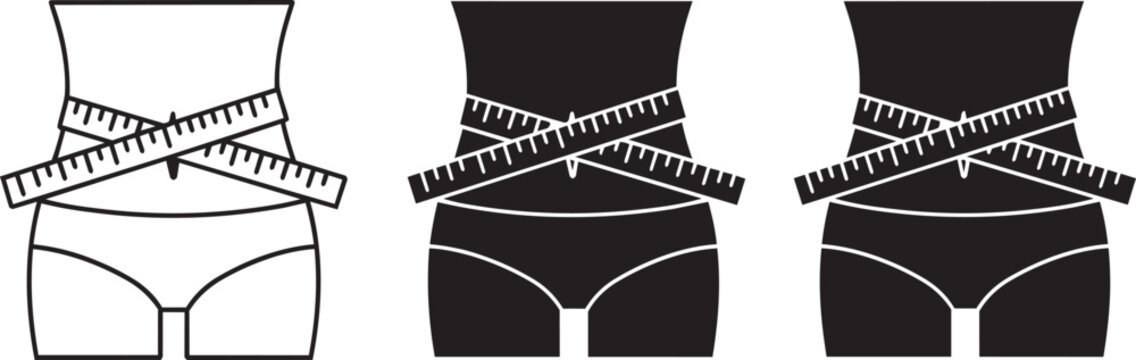 Fitness icons showing human waist measured with measuring tape for weight loss and health tracking.