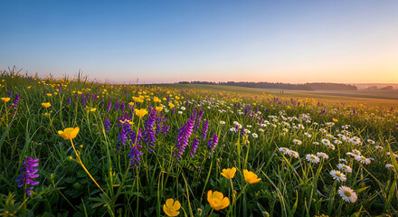 Obraz premium Sunrise over a meadow filled with wildflowers under a clear sky