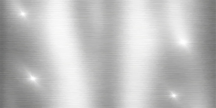 A polished stainless steel plate featuring a brushed metal texture with a shiny silver aluminum surface and industrial grey pattern for a metallic wallpaper backdrop