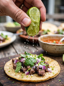 Person squeezing lime over delicious street tacos