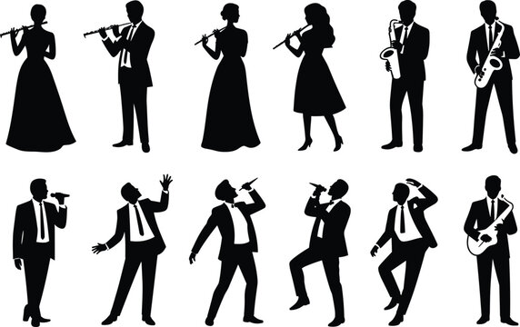 Musical Ensemble Silhouettes Performing Jazz and Classical Music