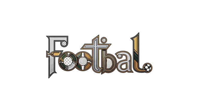 Stylized vector illustration of the word 'Football' incorporating design elements such as soccer balls and referee whistles, depicted in metallic and earthy tones against a clean white