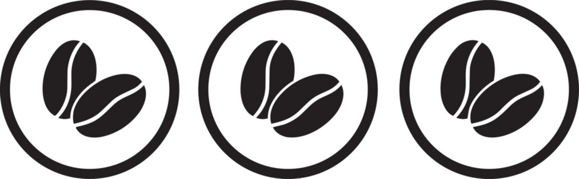Three coffee bean icons in circles, showing roasted coffee beans for beverage and aroma representation.