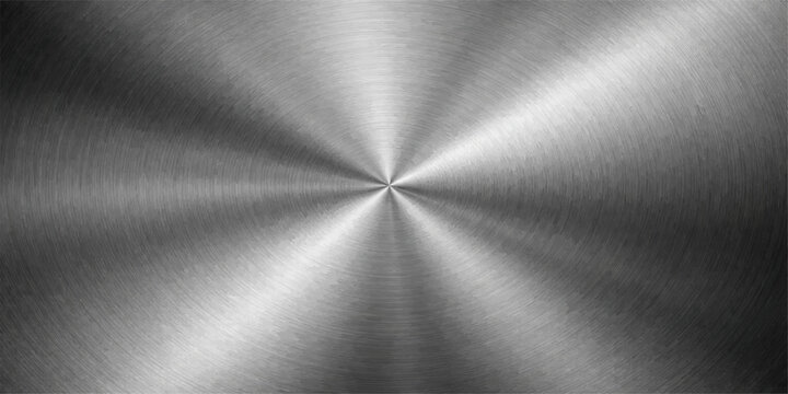 A polished silver metallic plate featuring a brushed stainless steel texture and shiny light reflection on a gray aluminum surface pattern for a textured material backdrop design