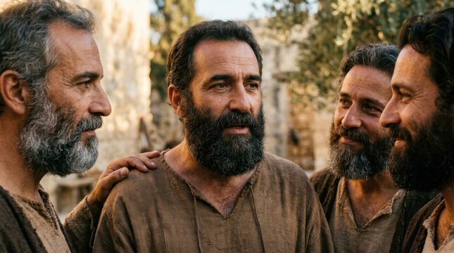 Apostles preaching gospel after trial in Sanhedrin. Group of bearded men in ancient clothing discussing faith. Religious scene representing Bible narrative of early Christian followers.