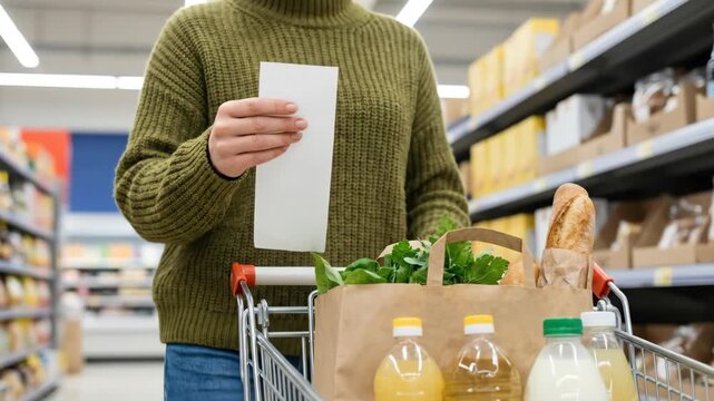 Grocery food inflation cost living economy crisis expense struggle burden as budget pressure grows, shopper holds receipt showing rising grocery expense and ongoing food cost of living struggle
