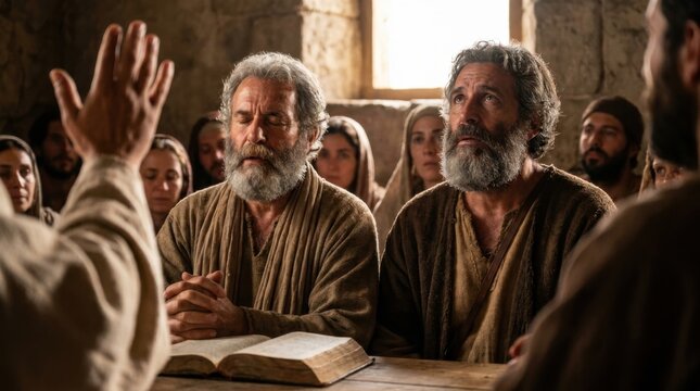 Apostles praying and preaching Jesus Christ after Sanhedrin trial. Group of followers gathering in Jerusalem. Religious historical scene representing Acts of Apostles in Bible study.