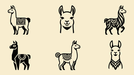 Obraz premium Modern llama logo collection: monochrome linocut illustrations, woodblock animal icons for branding and design