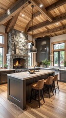 Fototapeta premium A modern kitchen with island, stone fireplace, wooden beams