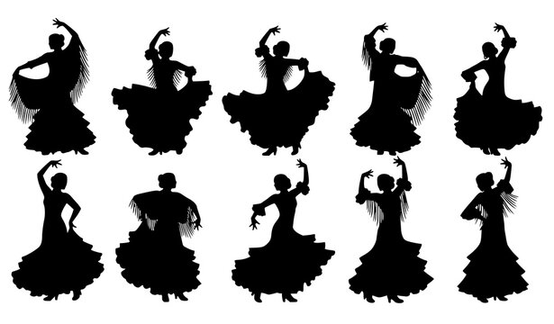 Flamenco dancers silhouette set with flowing dresses and shawls Spanish culture vector illustration