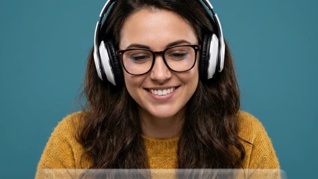 Young adult student woman portrait smile wearing headphone eyeglass using laptop technology for online learning video call Interactive e-learning the future of digital education knowledge innovation