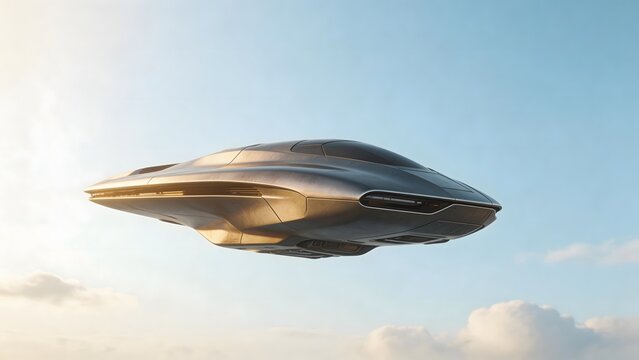 Futuristic flying vehicle in sky