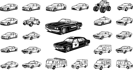 Detailed vector illustration set of diverse black and white vehicles: sedans, classic cars, monster truck, taxi, police, ambulance, and bus collection on white background. © arulumia
