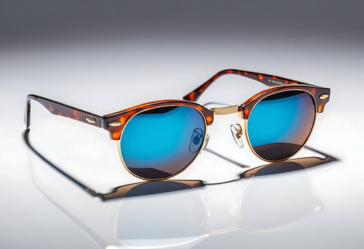 Tortoiseshell sunglasses with blue gradient lenses, gold accents blue lenses