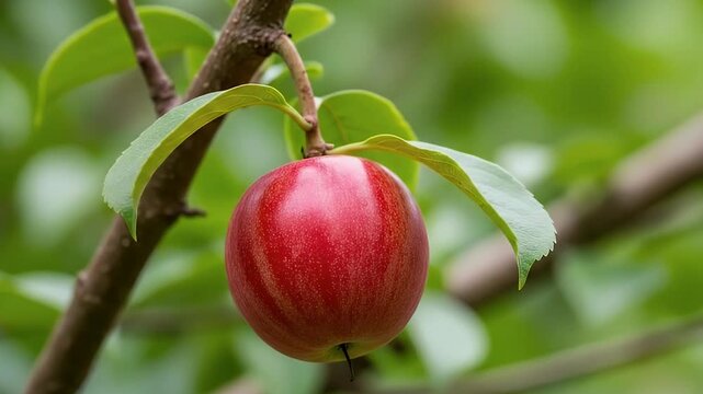 Single fresh red nectarine hanging on a tree branch, organic fruit orchard harvest in summer.