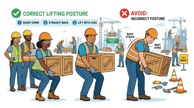 Construction workers demonstrating correct lifting posture and avoiding incorrect posture for safety in an industrial setting with safety first sign