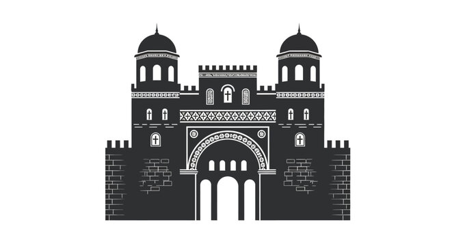 Black and white castle gate illustration.