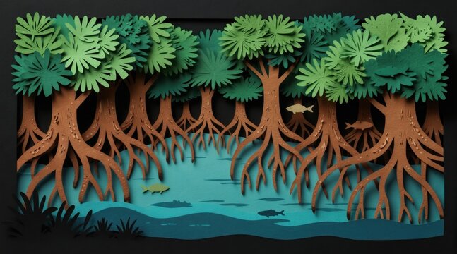 Paper art mangrove forest scene with trees roots submerged in blue water. Small fish swim near tangled roots and aquatic plants. Lush green canopy overhead creates dense natural ecosystem.