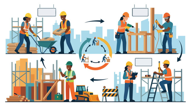 Construction workers collaborating on a building site illustrating the diverse stages of an industrial project from material delivery to assembly and safety checks