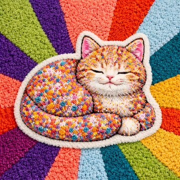Textured Wool art , Cute Sleeping Cat Made of Colorful Candy Texture Rainbow Background Kawaii Style Design