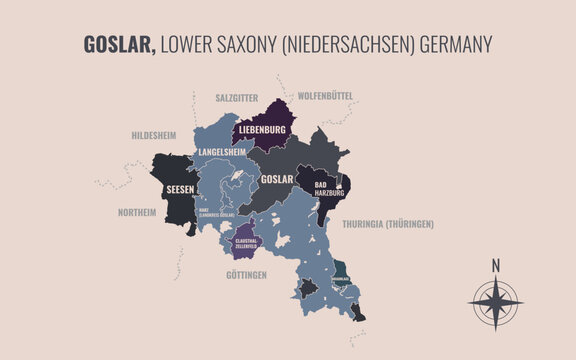 A map showing Goslar NI Kreise into Gemeinden in a minimalist colorful style