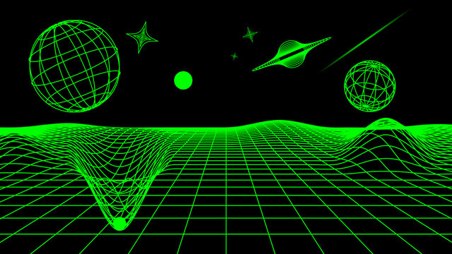 Abstract Futuristic Digital Technology Space Landscape Background with Green Lines on Black. Design for Background, Backdrop, Wallpaper, Template, Poster, Banner, Presentation, Website.