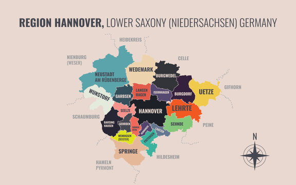 A map showing Region Hannover NI Kreise into Gemeinden in a minimalist colorful style