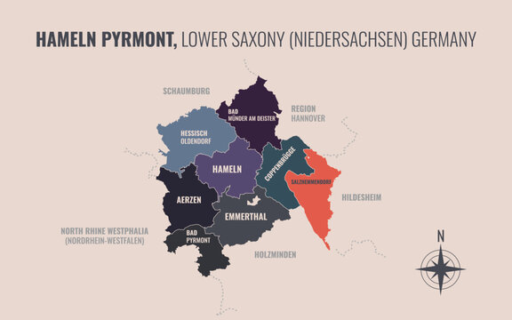 A map showing Hameln Pyrmont NI Kreise into Gemeinden in a minimalist colorful style