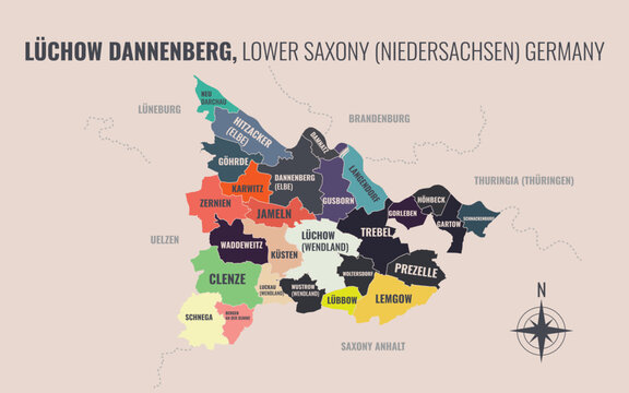 A map showing L&uuml;chow Dannenberg NI Kreise into Gemeinden in a minimalist colorful style