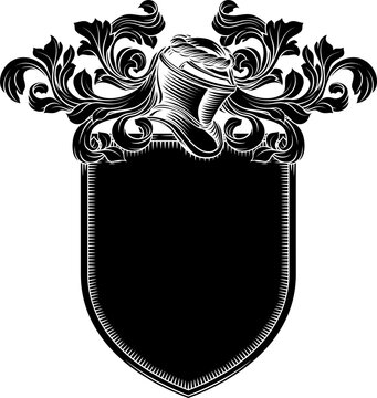 Coat of arms crest knight family medieval shield heraldry heraldic armorial motif. Featuring a knights helm helmet in a vintage etching engraving woodcut style 
