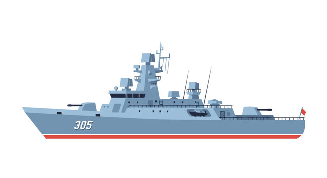 The side view of a modern grey naval warship with the number 305 painted on the hull floats on a white background with a sharp red waterline base.