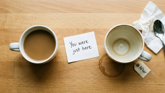 Coffee in a cup with a message note on wooden table