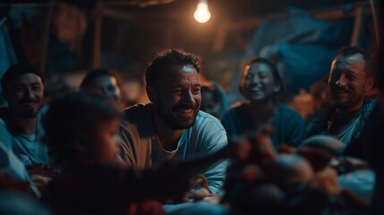Fototapeta premium Diverse group of people laughing together under a light bulb