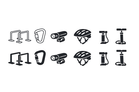 Vector icon set of sports and outdoor equipment featuring gymnastics parallel bars, climbing carabiner, bicycle light, safety helmet, and manual air pumps in outline and solid black styles.