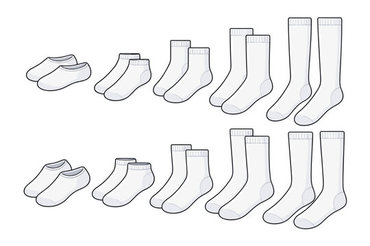 Collection of White Socks in Different Lengths and Pairs, Simple Flat Vector Illustration of No-Show, Ankle, Crew, and Knee-High Sock Styles for Apparel Design, Fashion Mockups, and Clothing Sets.