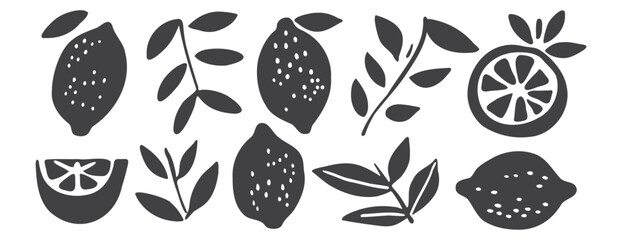Obraz premium Black lemon and leaf silhouette set. Mediterranean citrus fruit icons in linocut and woodcut style. Isolated hand-drawn botanical elements for organic branding and Italian food packaging