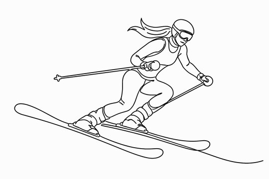 Minimalist continuous line drawing of a female skier downhill skiing. Elegant vector illustration of a woman athlete in motion with skis and poles. Winter sports and outdoor activity concept.